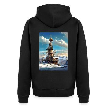 Paysage d’hiver steampunk avec tour radio 1.17 - Veste à capuche bio Premium Unisexe - noir - Dos - Nico (187cm)