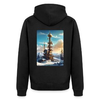 Paysage d’hiver steampunk avec tour radio 1.19 - Veste à capuche bio Premium Unisexe - noir - Dos - Nico (187cm)