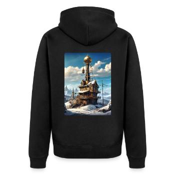 Paysage d’hiver steampunk avec tour radio 1.1 - Veste à capuche bio Premium Unisexe - noir - Dos - Nico (187cm)