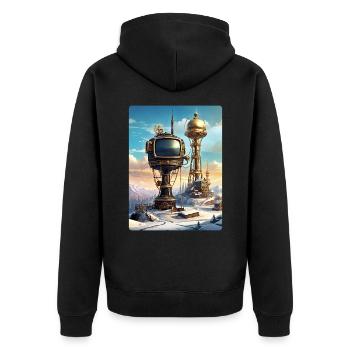 Paysage d’hiver steampunk avec tour radio 1.5 - Veste à capuche bio Premium Unisexe - noir - Dos - Nico (187cm)