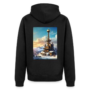 Paysage d’hiver steampunk avec tour radio 1.9 - Veste à capuche bio Premium Unisexe - noir - Dos - Nico (187cm)