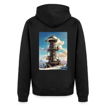 Paysage d’hiver steampunk avec tour radio 1.10 - Veste à capuche bio Premium Unisexe - noir - Dos - Nico (187cm)