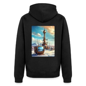 Paysage d’hiver steampunk avec tour radio 1.3 - Veste à capuche bio Premium Unisexe - noir - Dos - Nico (187cm)