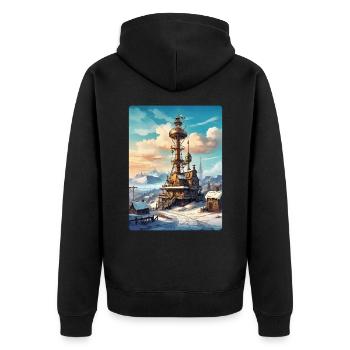 Paysage d’hiver steampunk avec tour radio 1.16 - Veste à capuche bio Premium Unisexe - noir - Dos - Nico (187cm)