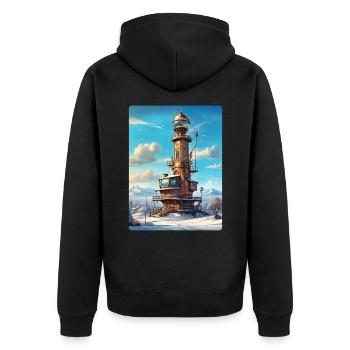 Paysage d’hiver steampunk avec tour radio 1.18 - Veste à capuche bio Premium Unisexe - noir - Dos - Nico (187cm)