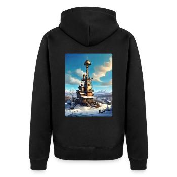 Paysage d’hiver steampunk avec tour radio 1.13 - Veste à capuche bio Premium Unisexe - noir - Dos - Nico (187cm)
