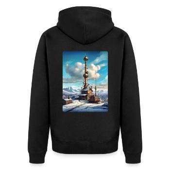 Paysage d’hiver steampunk avec tour radio 1.14 - Veste à capuche bio Premium Unisexe - noir - Dos - Nico (187cm)