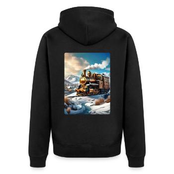 Steampunk Winterlandschaft Dampflok 1.2 - Unisex Premium Bio Zip Hoodie - Schwarz - Hinten - Nico (187cm)