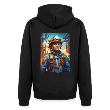 Steampunk Firefighter Man 1.5 - Unisex Premium Bio Zip Hoodie - Schwarz - Hinten - Nico (187cm)