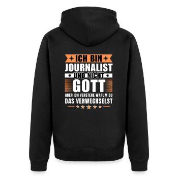 Ich bin Journalist und nicht Gott - Unisex Premium Bio Zip Hoodie - Schwarz - Hinten - Nico (187cm)