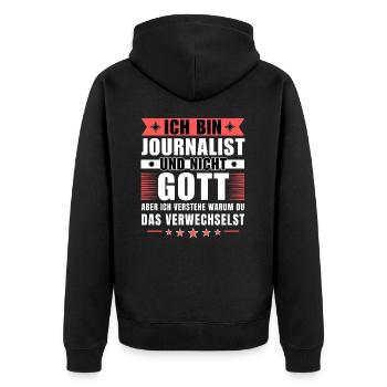 Ich bin Journalist und nicht Gott - Unisex Premium Bio Zip Hoodie - Schwarz - Hinten - Nico (187cm)