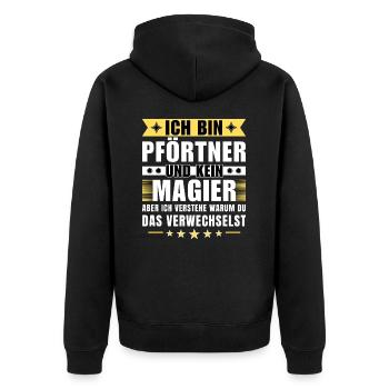 Ich bin Pförtner und kein Magier - Unisex Premium Bio Zip Hoodie - Schwarz - Hinten - Nico (187cm)