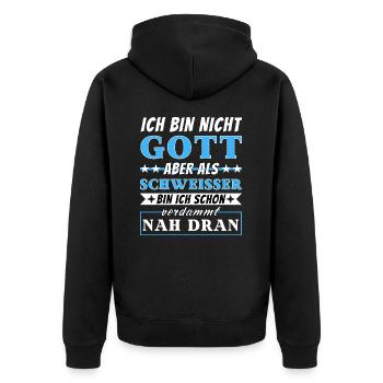Ich bin nicht Gott aber als Schweißer nah dran - Unisex Premium Bio Zip Hoodie - Schwarz - Hinten - Nico (187cm)