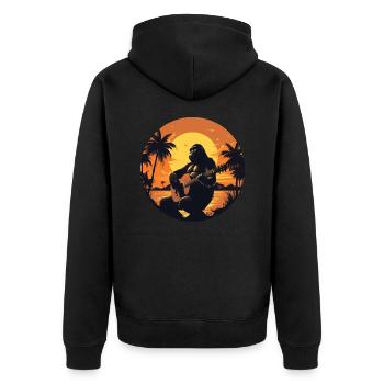 Gorilla mit Akustikgitarre im Sonnenuntergang - Unisex Premium Bio Zip Hoodie - Schwarz - Hinten - Nico (187cm)