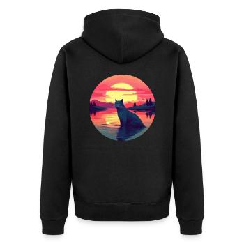 Katze im Wasser Sunset - Unisex Premium Bio Zip Hoodie - Schwarz - Hinten - Nico (187cm)