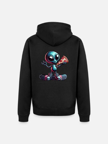 Alien Snowboarder: Pizza Action - Unisex Premium Organic Zip Hoodie - black