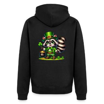 St. Patricks Day Waschbär Cartoon Goldtopf Shirt - Unisex Premium Bio Zip Hoodie - Schwarz - Hinten - Nico (187cm)