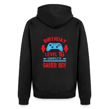 Sixteen 16yr BDay Son Boy Funny Gamer - Unisex Premium Bio Zip Hoodie - Schwarz - Hinten - Nico (187cm)