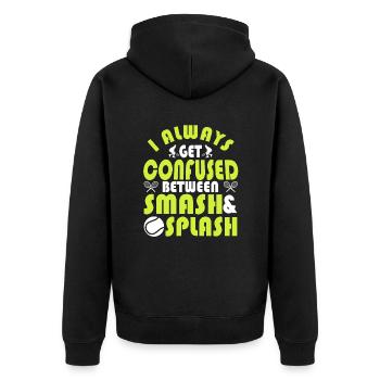 Fun Tennis Saying Confused Between Smash & Splash - Unisex Premium Bio Zip Hoodie - Schwarz - Hinten - Nico (187cm)