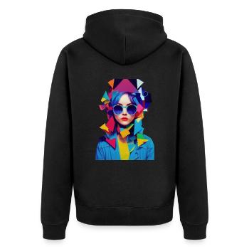 Abstrakte Frau mit Sonnenbrille, buntes Design - Unisex Premium Bio Zip Hoodie - Schwarz - Hinten - Nico (187cm)