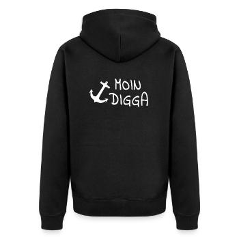Moin Digga - Slogan for real Hanseatics - Unisex Premium Organic Zip Hoodie - black - Back - Nico (187cm)
