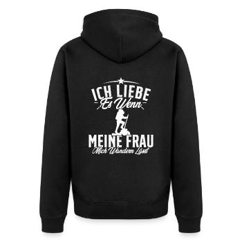 Ich liebe es wenn meine Frau mich wandern lässt - Unisex Premium Bio Zip Hoodie - Schwarz - Hinten - Nico (187cm)