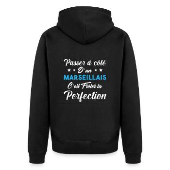Marseille Perfection Humour Culture France Homme - Veste à capuche bio Premium Unisexe - noir - Dos - Nico (187cm)
