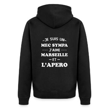 Faner Marseille und der Humor Marseillais Aperitif - Unisex Premium Bio Zip Hoodie - Schwarz - Hinten - Nico (187cm)