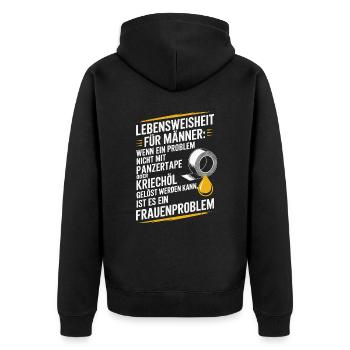 Lebensweisheit für Männer Werkstatt JGA Handwerker - Unisex Premium Bio Zip Hoodie - Schwarz - Hinten - Nico (187cm)
