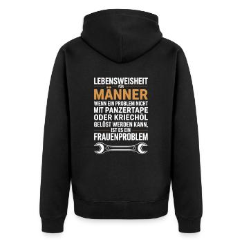 Lebensweisheit für Männer Werkstatt JGA Handwerker - Unisex Premium Bio Zip Hoodie - Schwarz - Hinten - Nico (187cm)