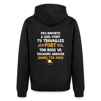 Tu Travailles Fort Humour Chantier Papa - Veste à capuche bio Premium Unisexe - noir - Dos - Nico (187cm)