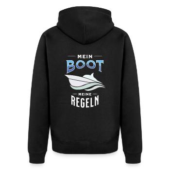 Mein Boot Meine Regeln T-Shirt Motorbootfahrer - Unisex Premium Bio Zip Hoodie - Schwarz - Hinten - Nico (187cm)