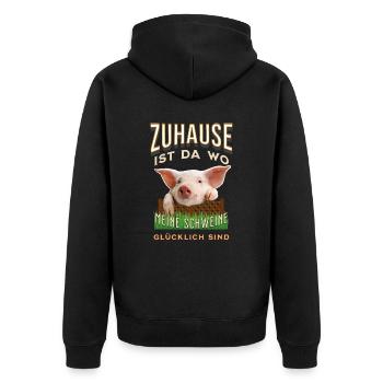 Zuhause ist da wo meine Schweine glücklich sind - Unisex Premium Bio Zip Hoodie - Schwarz - Hinten - Nico (187cm)