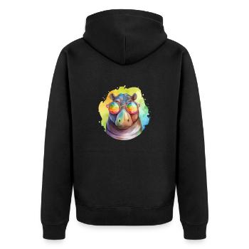 Buntes cooles Nilpferd mit Sonnenbrille - Unisex Premium Bio Zip Hoodie - Schwarz - Hinten - Nico (187cm)