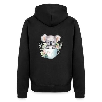 Lächelnder Koala mit Blumen in Tasse - Unisex Premium Bio Zip Hoodie - Schwarz - Hinten - Nico (187cm)
