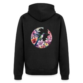 Exotischer Kolibri Vogel mit Blumenmuster Blumen - Unisex Premium Bio Zip Hoodie - Schwarz - Hinten - Nico (187cm)