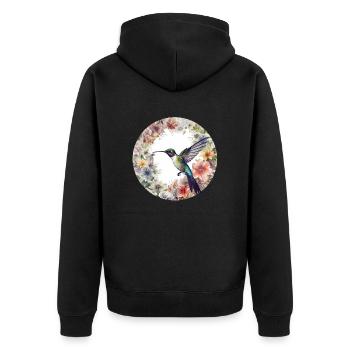 Niedliches Kolibri Vogel Design mit Blumen - Unisex Premium Bio Zip Hoodie - Schwarz - Hinten - Nico (187cm)