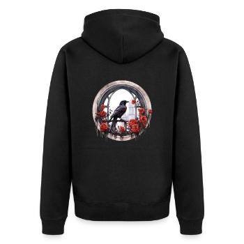 Gothic Rabe Krähe Mystisch Rosen Fenster - Unisex Premium Bio Zip Hoodie - Schwarz - Hinten - Nico (187cm)