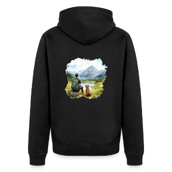 Mann mit Hund Wandern Outdoor Berge See - Unisex Premium Bio Zip Hoodie - Schwarz - Hinten - Nico (187cm)