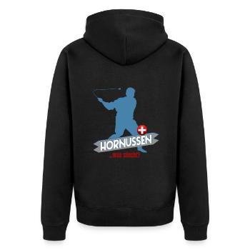 Hornussen Schweiz - Unisex Premium Bio Zip Hoodie - Schwarz - Hinten - Nico (187cm)