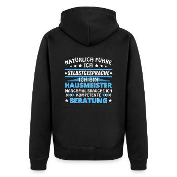 Ich führe Selbstgespräche - Hausmeister Edition - Unisex Premium Bio Zip Hoodie - Schwarz - Hinten - Nico (187cm)