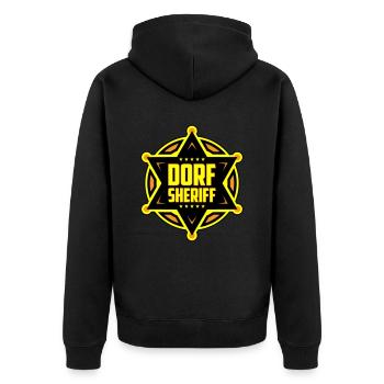 Farben änderbar | Dorf Sheriff - Unisex Premium Bio Zip Hoodie - Schwarz - Hinten - Nico (187cm)