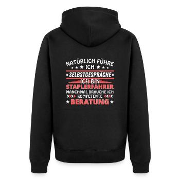 Ich führe Selbstgespräche - Staplerfahrer Edition - Unisex Premium Bio Zip Hoodie - Schwarz - Hinten - Nico (187cm)