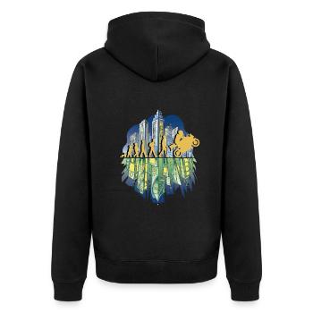 Motorrad Evolution Vintage 80s Retro Biker - Unisex Premium Bio Zip Hoodie - Schwarz - Hinten - Nico (187cm)
