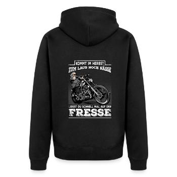 Kommt im Herbst die Nässe Lustiges Motorrad Fahrer - Unisex Premium Bio Zip Hoodie - Schwarz - Hinten - Nico (187cm)