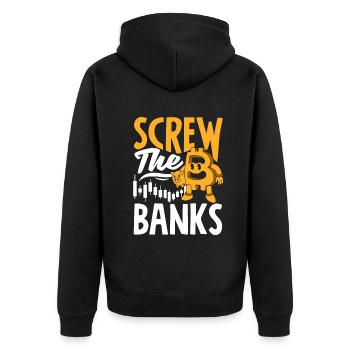 Screw The Banks Freedom Cryptocurrency BTC - Unisex Premium Bio Zip Hoodie - Schwarz - Hinten - Nico (187cm)