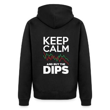 Keep Calm And Buy The Dips Investor Day - Unisex Premium Bio Zip Hoodie - Schwarz - Hinten - Nico (187cm)