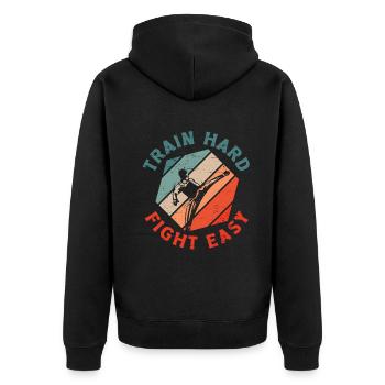 Train Hard Fight Easy Aikido Karate Jiu Jitsu - Unisex Premium Bio Zip Hoodie - Schwarz - Hinten - Nico (187cm)