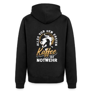 Alles vor dem ersten Kaffee ist Notwehr Lustiges - Unisex Premium Bio Zip Hoodie - Schwarz - Hinten - Nico (187cm)