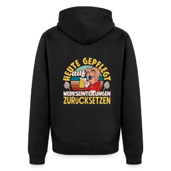 Heute gepflegt auf Werkseinstellungen zurücksetzen - Unisex Premium Bio Zip Hoodie - Schwarz - Hinten - Nico (187cm)